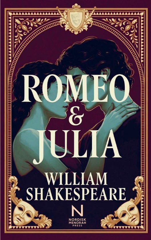 Boekcover van Romeo & Julia van William Shakespeare met een illustratie van twee geliefden en decoratieve maskers.