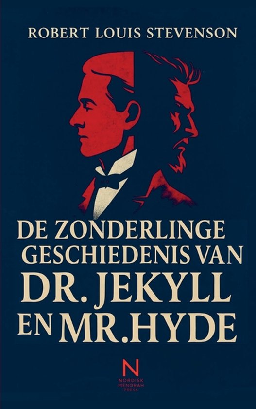 Couverture de livre : Robert Louis Stevenson - L'Étrange Cas du Dr Jekyll et de Mr Hyde. Un homme aux cheveux soignés et à petite barbe, divisé en deux.