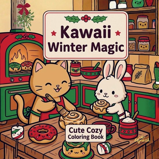 Kawaii Winter Magic - Kleurboek. Een schattige kat en konijn bakken winterse lekkernijen in een gezellige keuken.