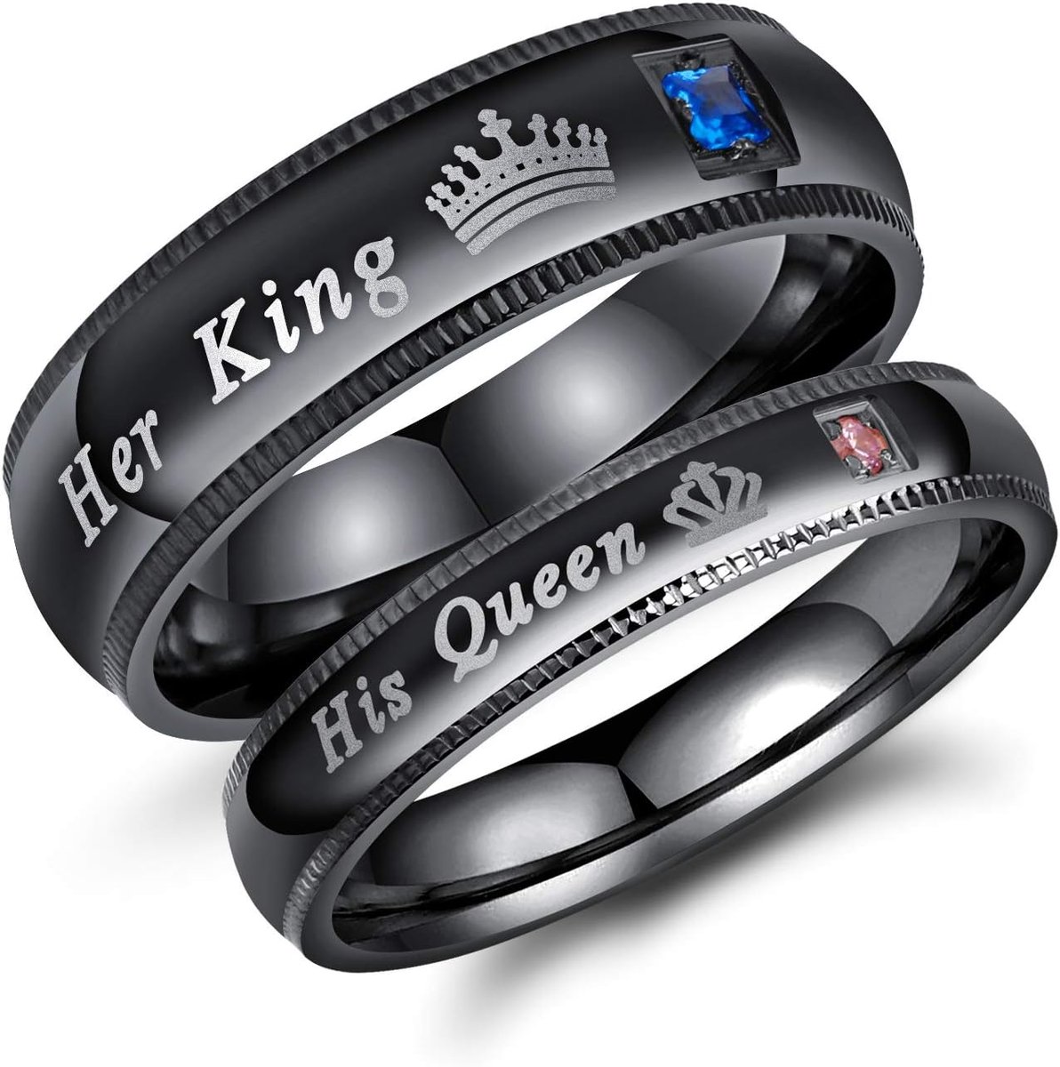 Paar ring King Queen met zirkonia: heren dames ringen van roestvrij staal in zwart bandring vingerring trouwringen cadeau voor koppels partners Valentijnsdag jubileum verjaardag