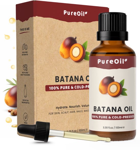 Bouteille et boîte PureOil Huile de Batana avec une image de fruits de batana. Texte : Huile de Batana 100% Pure & Pressée à Froid.