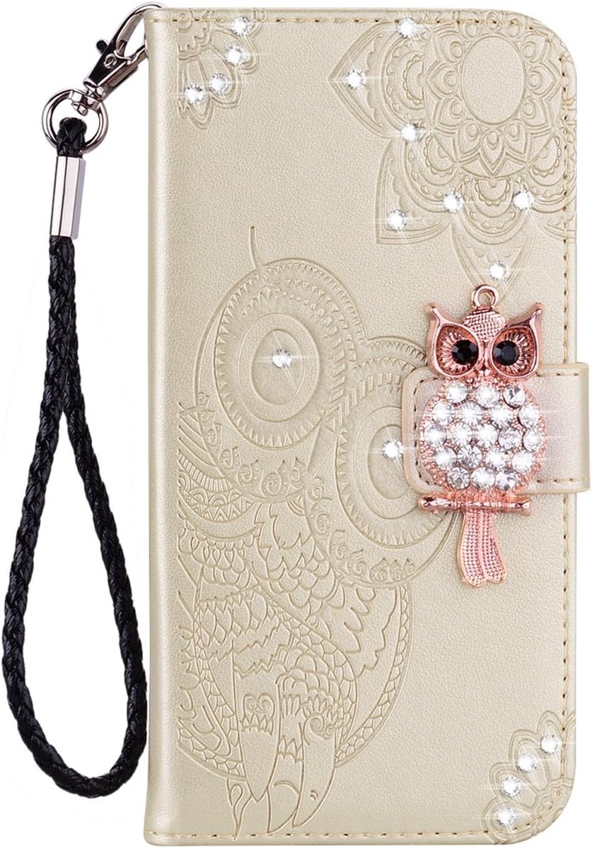 Hoesje voor iPhone 2025 Air Cover Bling Diamant Glitter Leuke Uil Reliëf Premium PU Lederen Flip Shockproof Portemonnee Shell Magnetische Stand Kaartsleuf Case voor iPhone 2025 Air YK Uil