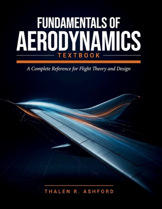 Boekhoes: 'Fundamentals of Aerodynamics Textbook', met een illustratie van een vliegtuigvleugel met lichtstrepen.