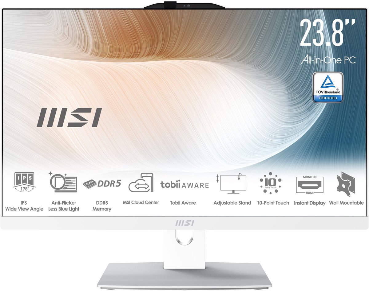 MSI Modern AM242TP 1M-1228EU Intel Core 5 120U 60,5 cm (23.8") 1920 x 1080 Pixels Touchscreen Alles-in-één-pc 8 GB DDR5-SDRAM 512 GB SSD Windows 11 Pro Wi-Fi 6E (802.11ax) Wit