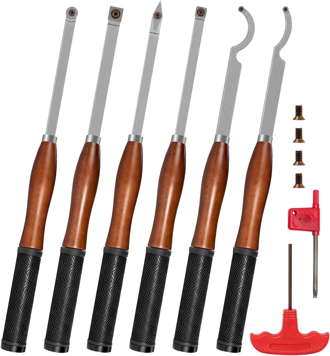 Houten Draaibank Draaien Gereedschapskit Met Houten Doos, 6 stuks 460mm Professionele Carbide Draaibank Gereedschappen Met Inbegrip Van Zwaan Hals Holter, Beukenhandvat Met Rubber