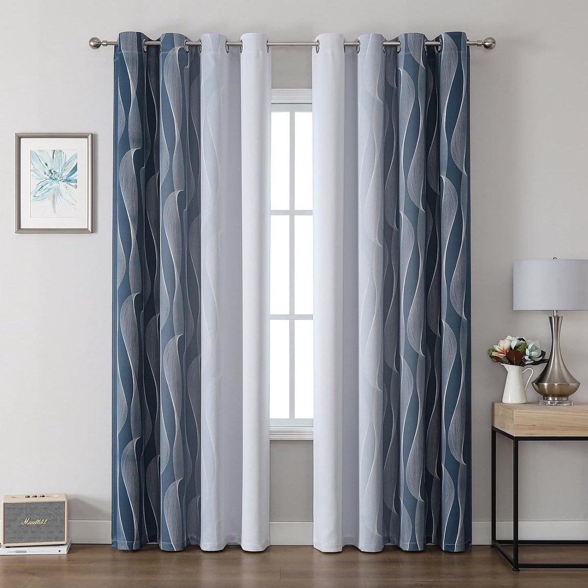 gordijnen met inslagringen, set van 2 met 4 cm ogen, 260 x 140 cm (h x b), lichtreducerende gordijnen met kleurverloop en golflijnpatroon, voor jongenskamer, kinderkamer, verjaardag