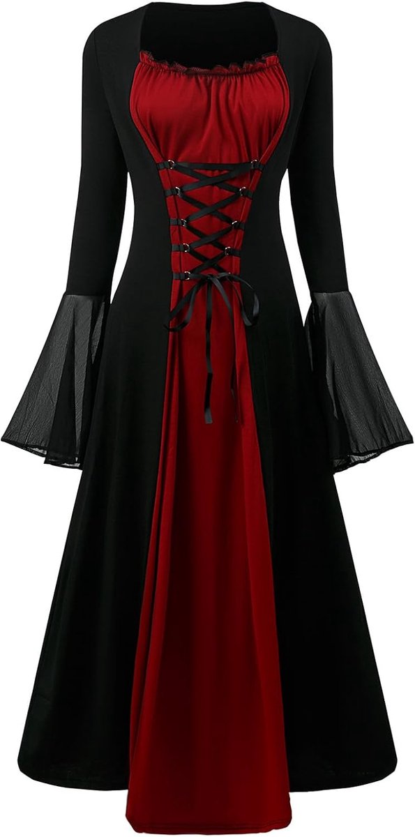 jurk met trompetmouwen, traditionele Ierse jurk voor dames, renaissance, cosplay, kostuum, carnaval, party, Halloween-kostuum (rood, XL)