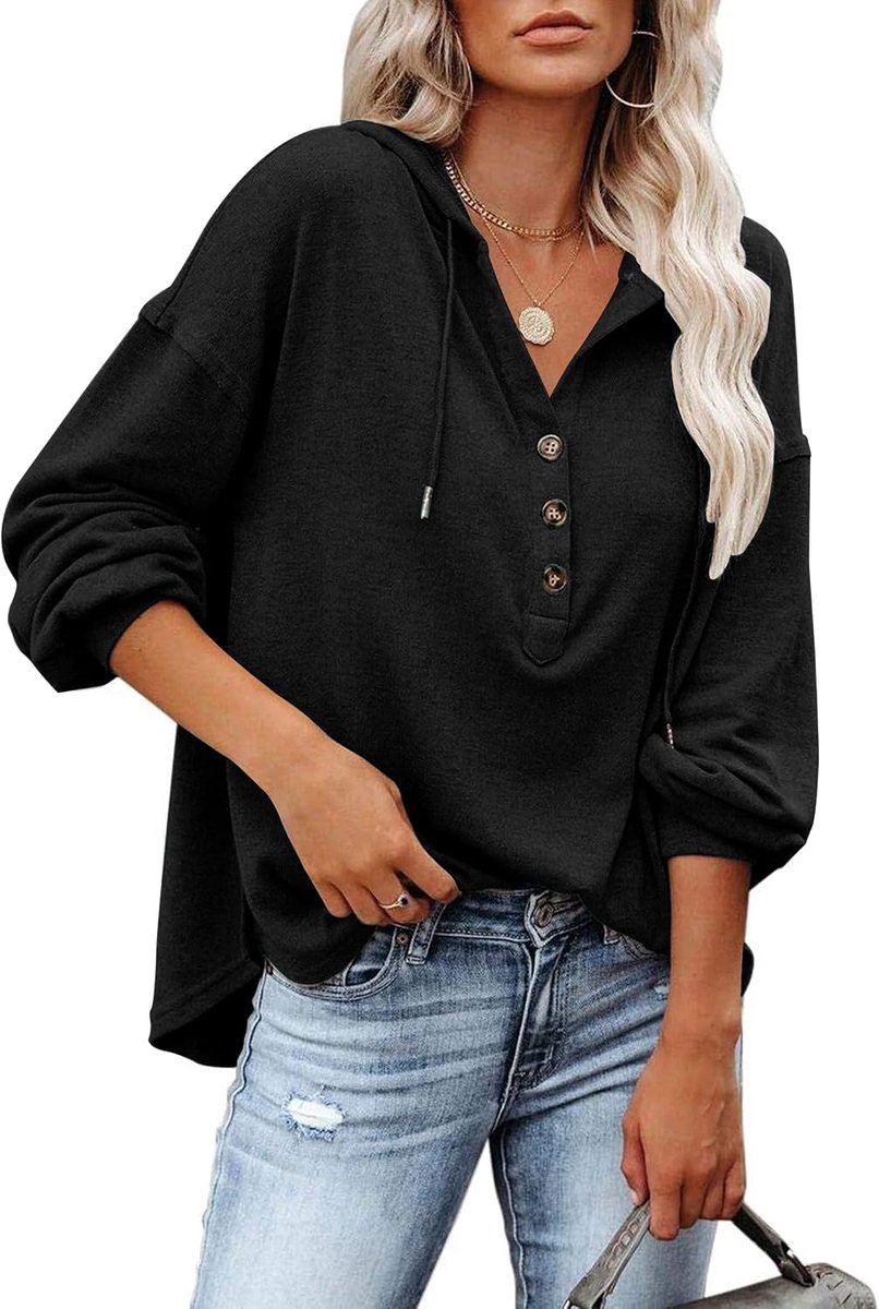 Hooded Sweater Vrouwen Lange Mouwen Knoppen Pullover met Trekkoord Leisure V-hals Hooded Henley Sweatshirt Classic