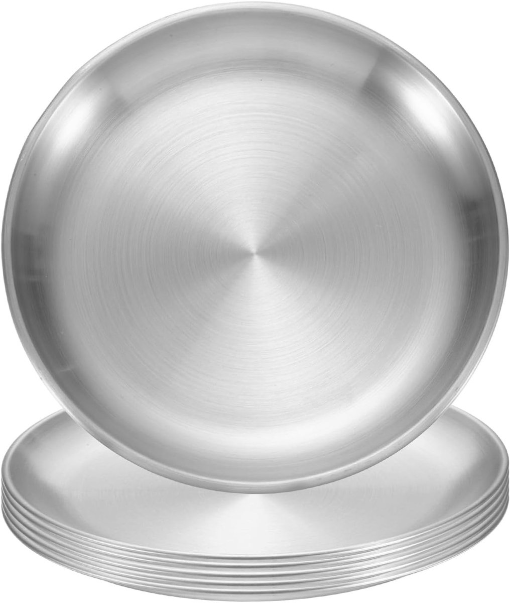 6 stuks roestvrijstalen eetborden, 20 cm, ronde serveerborden, set platte metalen eetborden, borden voor restaurants, keuken, dessert, salade, eten, outdoor, camping, zilver