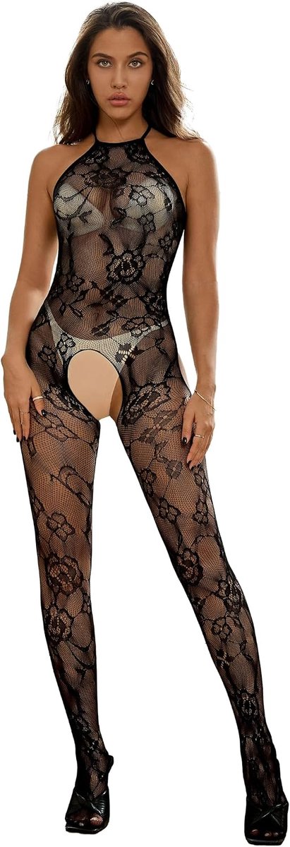 Sexy mesh bloemenpatroon halterhals eendelige bodysuit kousenhouder schoudervrij panty stretch rugvrije lingerie