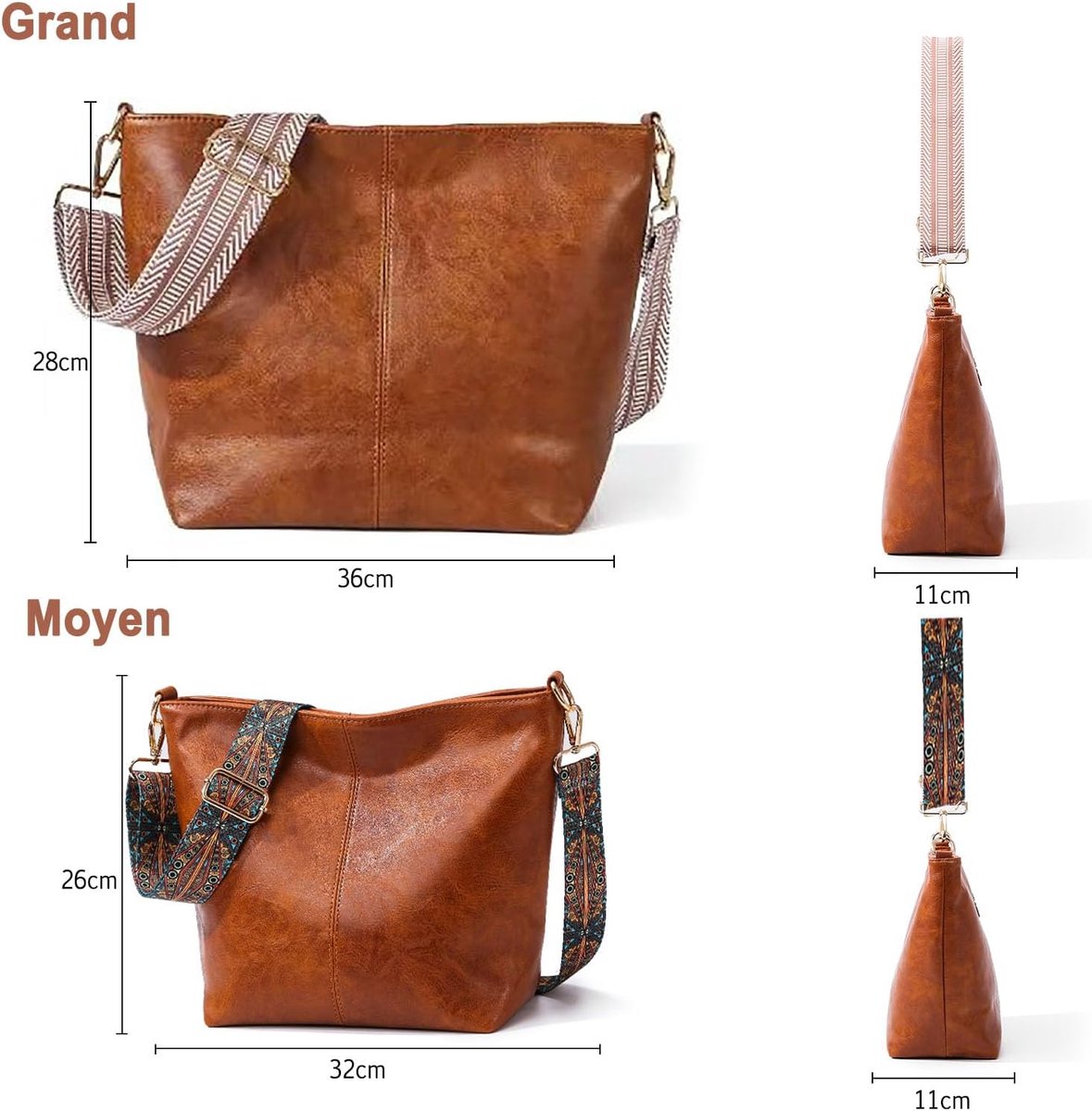 Schoudertas voor dames, middelgroot, schoudertas, van PU-leer, handtas voor dames, met brede riem, voor reizen, dagelijks gebruik, werk, school