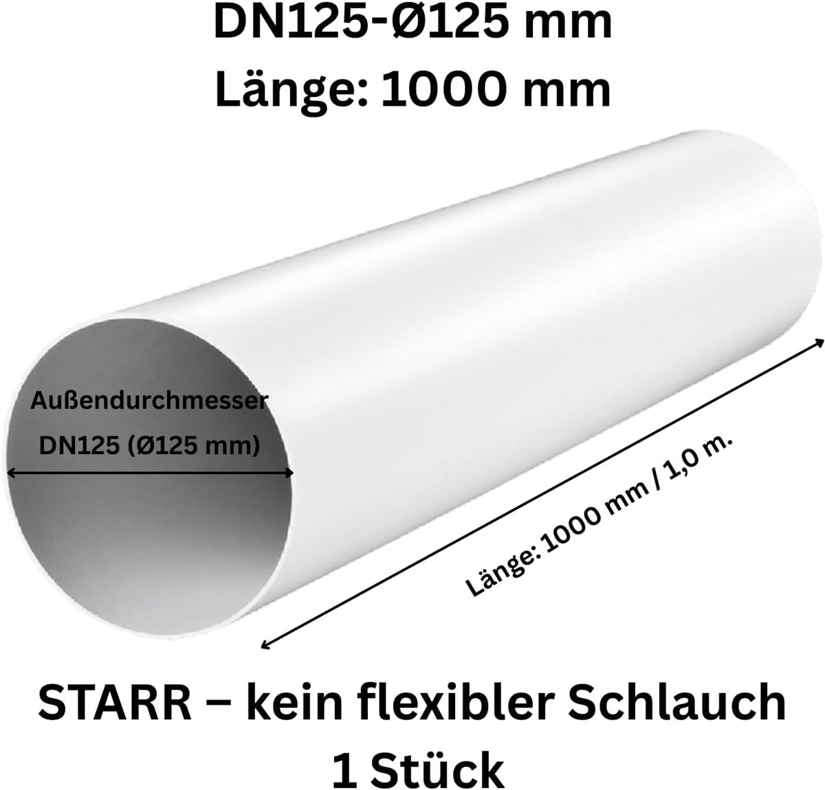 ronde buis, ventilatiebuis, diameter 100 mm/150 mm, lengte 0,5 m/1,5 m, toevoerlucht, kanaal, ABS-kunststof, wit, rond ventilatiekanaal, verzorgingskanaal, verwarmingskoelventilatiesysteem (Ø125