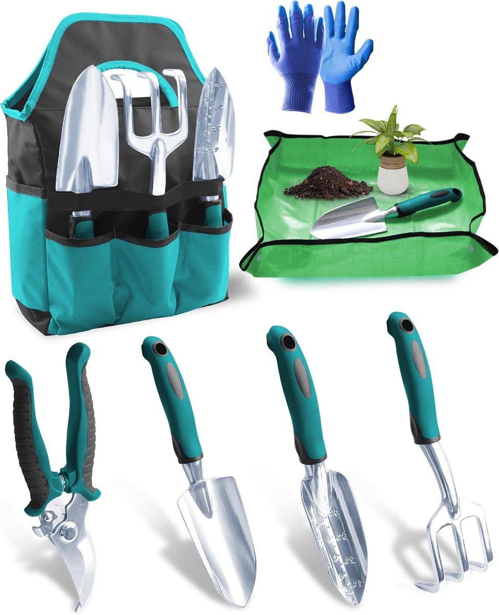 7-delige tuingereedschapsset – roestvast tuinhandgereedschap met opbergtas, ergonomische anti-slip handgrepen – ideaal tuincadeau voor vrouwen en mannen