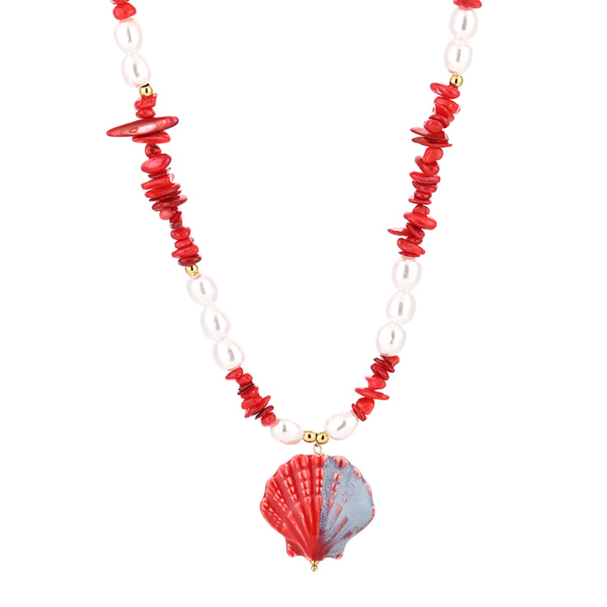 Kralenketting met Schelphanger – Bedelketting strand - beach – RVS - Rood