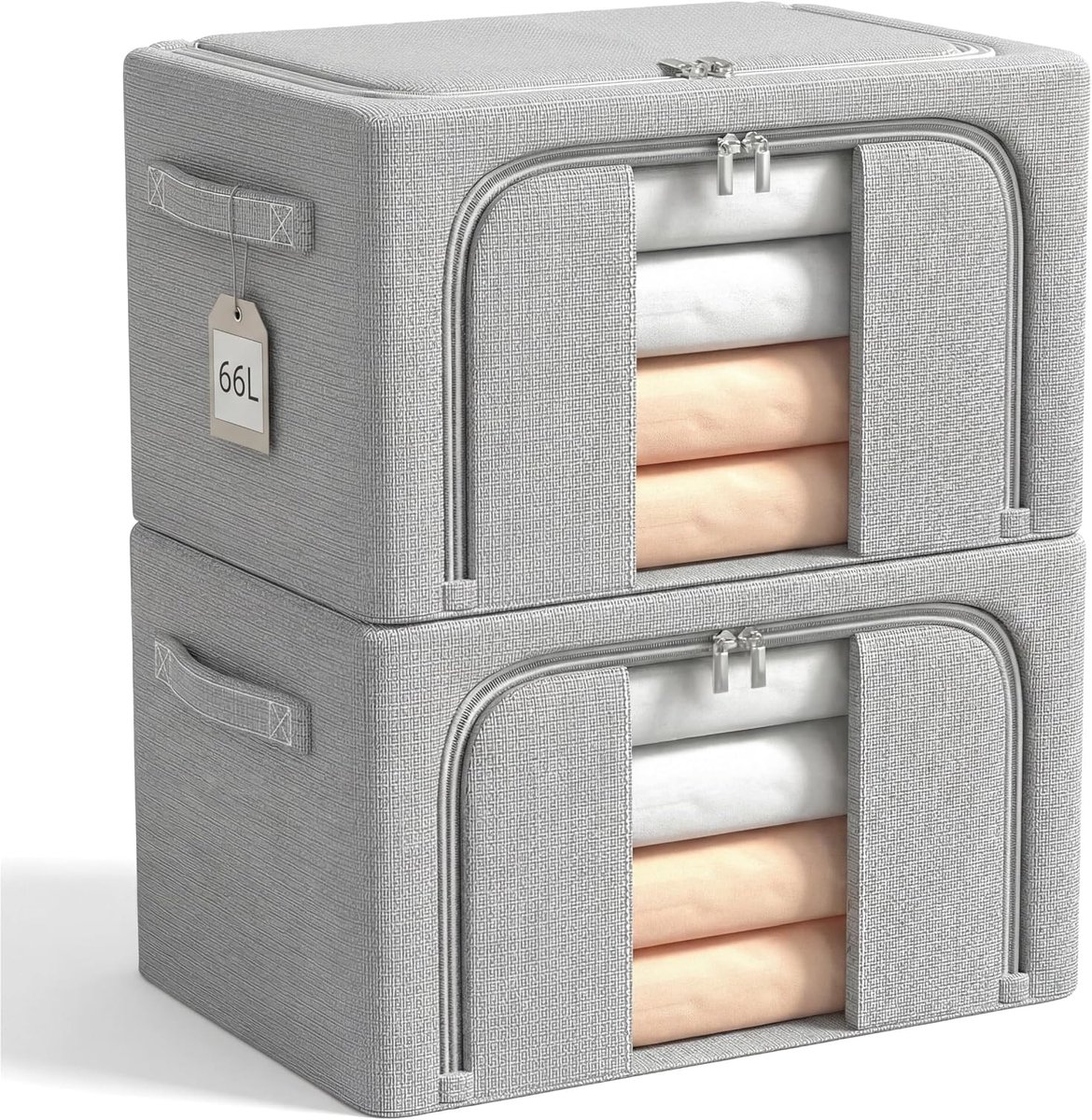 Kledingopbergbakken met metalen frame, 66 l, grote opvouwbare opbergdoos, stapelbare kastorganisatoren met deksel, zwaar belastbaar, voor kleding, dekens en speelgoed, 2 stuks