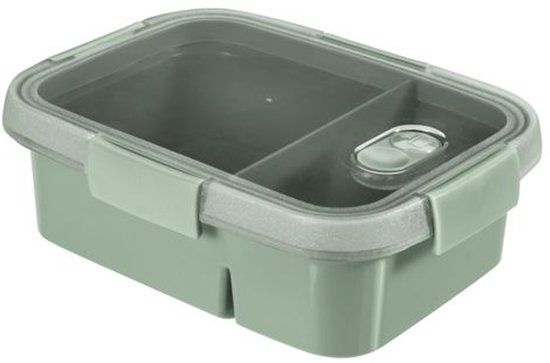 Boîte à lunch Curver Smart To Go Eco verte de 1,2 litre avec deux compartiments, une fermeture étanche et un couvercle transparent.
