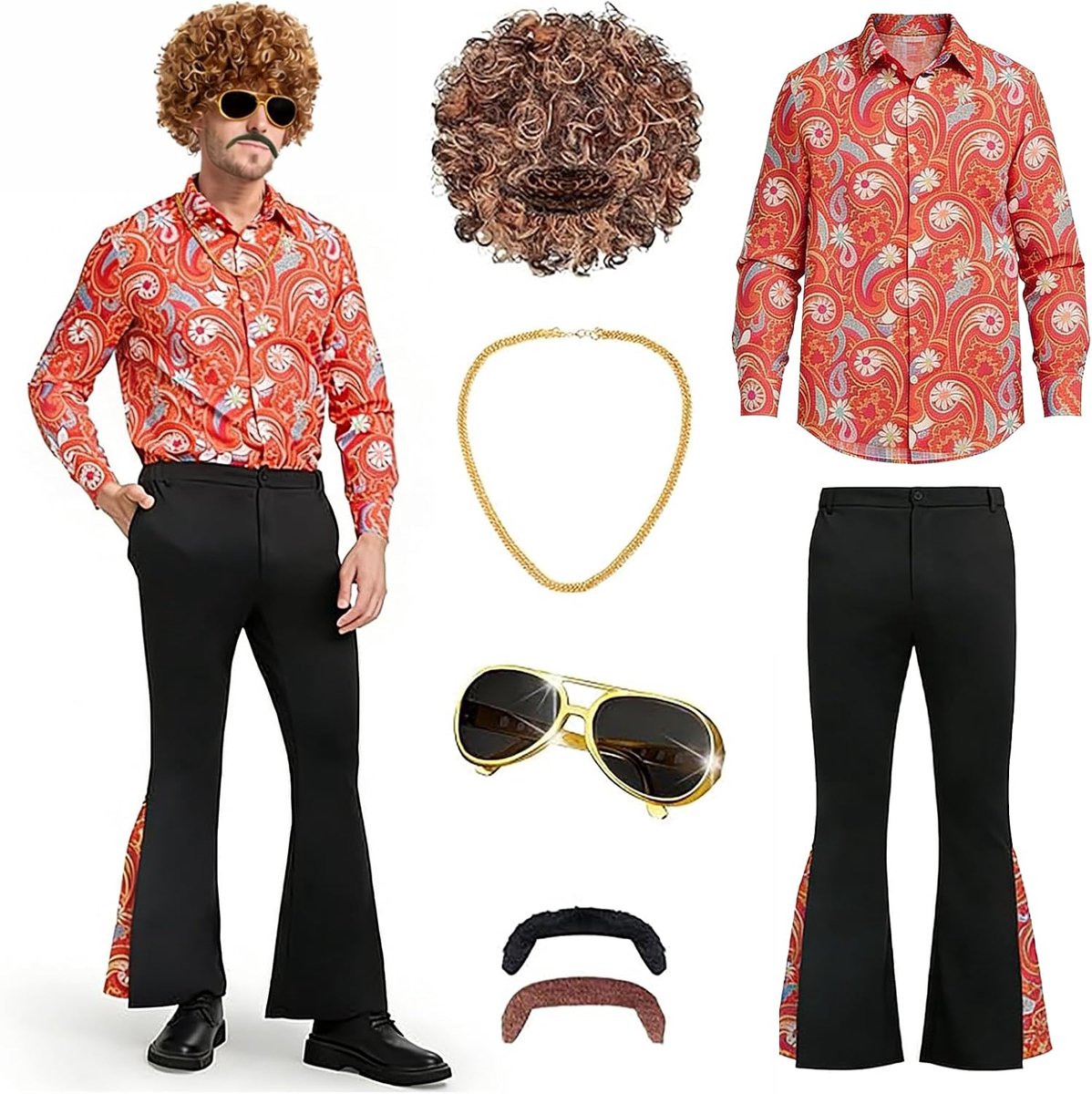 70 Kostuum Heren, 7-delig Disco & Hippie Verkleedpak voor Volwassenen, Carnaval & Halloween Outfit met Pruik, Overhemd, Wijde Broek en Accessoires