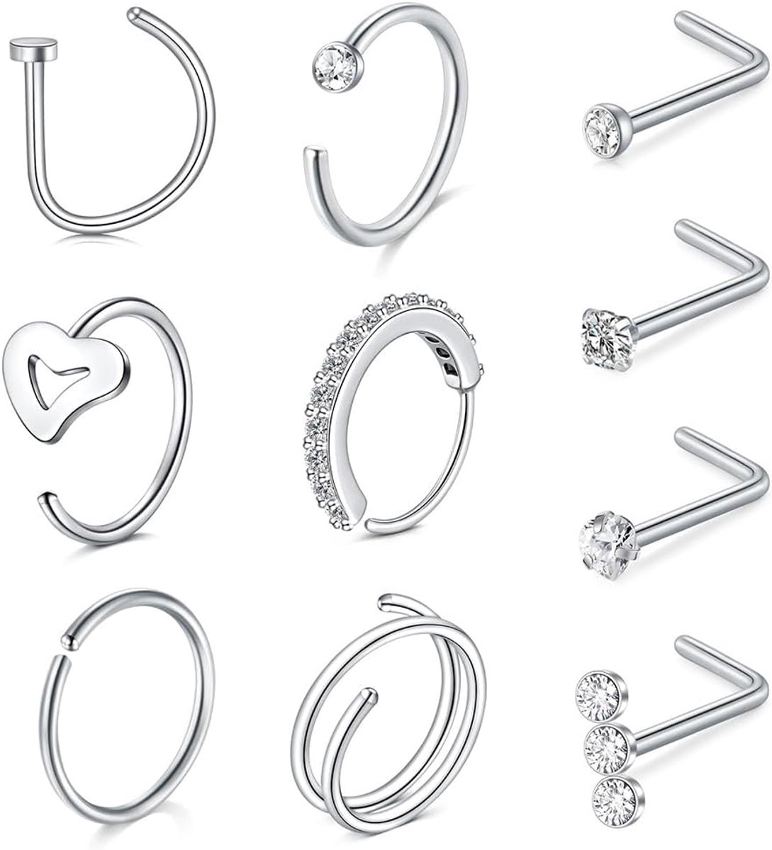 Neuspiercing, 10 stuks, roestvrij staal, neusringen, neuspiercing, 316L chirurgisch staal, piercing, neus, helix-ringenset, daith ring, septumringen, hoepeloorbellen, septum, voor dames en