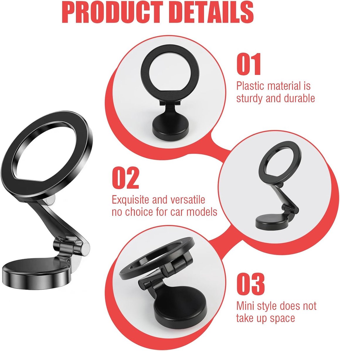 Past op autohouder, flexibele drie-assige magnetische houder met 360° rotatie, volledig metalen behuizing, sterke neodymium-magneten voor iPhone 16 Pro Max, 15, 14, 13 en alle smartphones