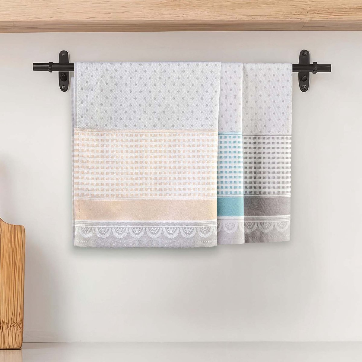 Luxe Keukendoeken Set 50x70 cm - 3-Delig - 100% Katoen Jacquard - Lichtgrijs, Beige & Turkoois