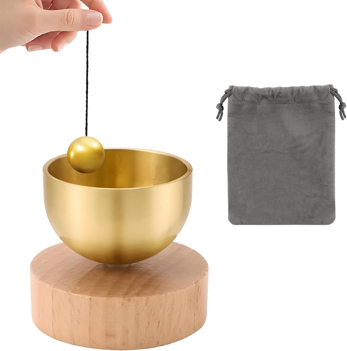 klankschaal, kleine mini-klankschaal, grote klankschalenset, messing, zingbowl, Ø 4,4 cm, klankschalen, kopen, yoga, meditatie, ontspanning met klopbal, massief houten sokkel, opbergzak
