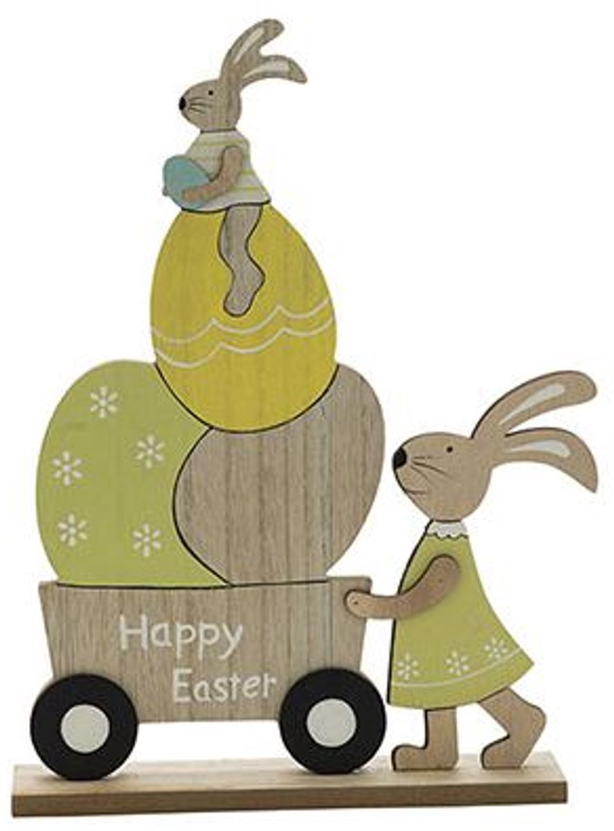 Konijn Eggs On Wagon Pastel Natuur 23x4x H31cm Hout