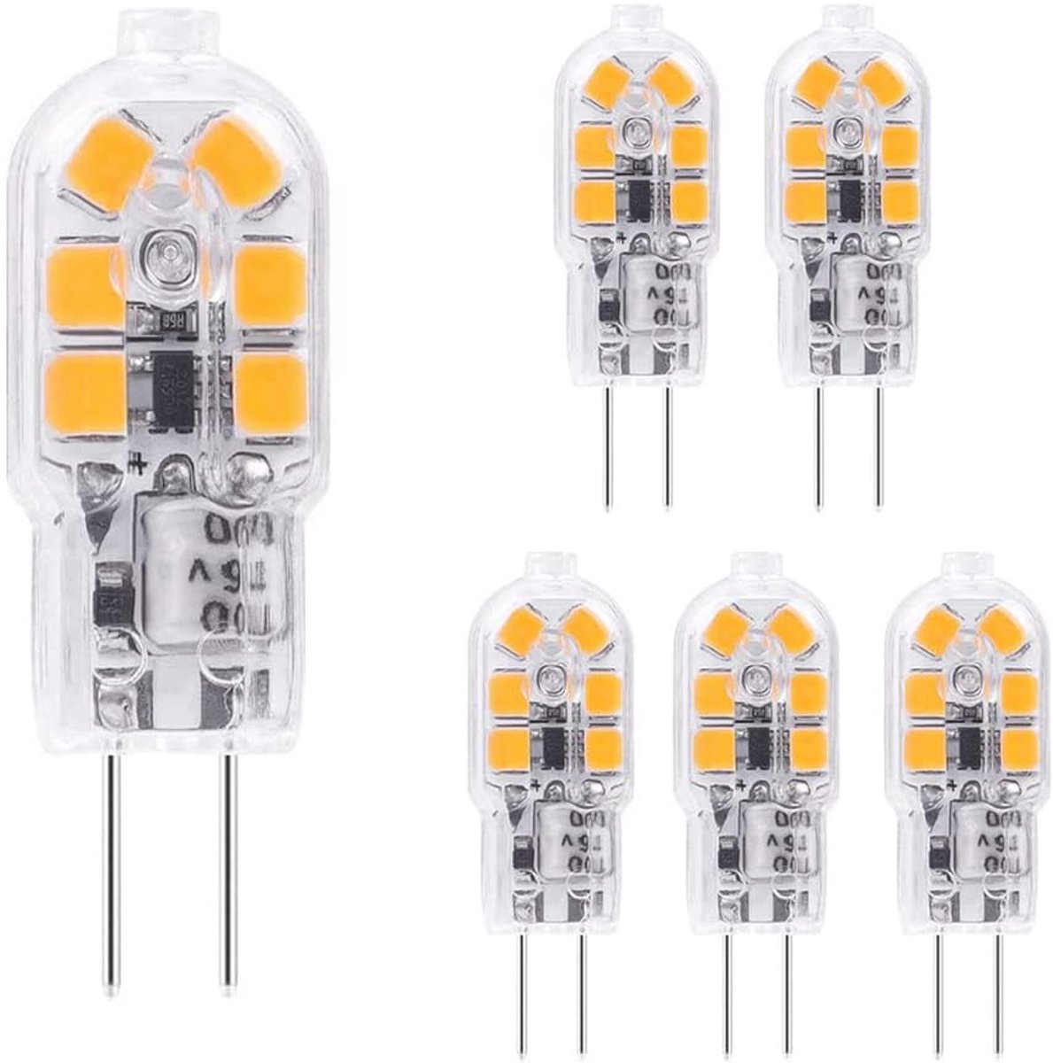 6 x G4 ledlamp, warmwit, 1,2 W, 12 V, G4 ledgloeilampen, vervanging voor 10 W halogeenlampen, 120 lm, 3000 K, 360 graden, 12 V, AC/DC, geen flikkering, niet dimbaar, penfitting