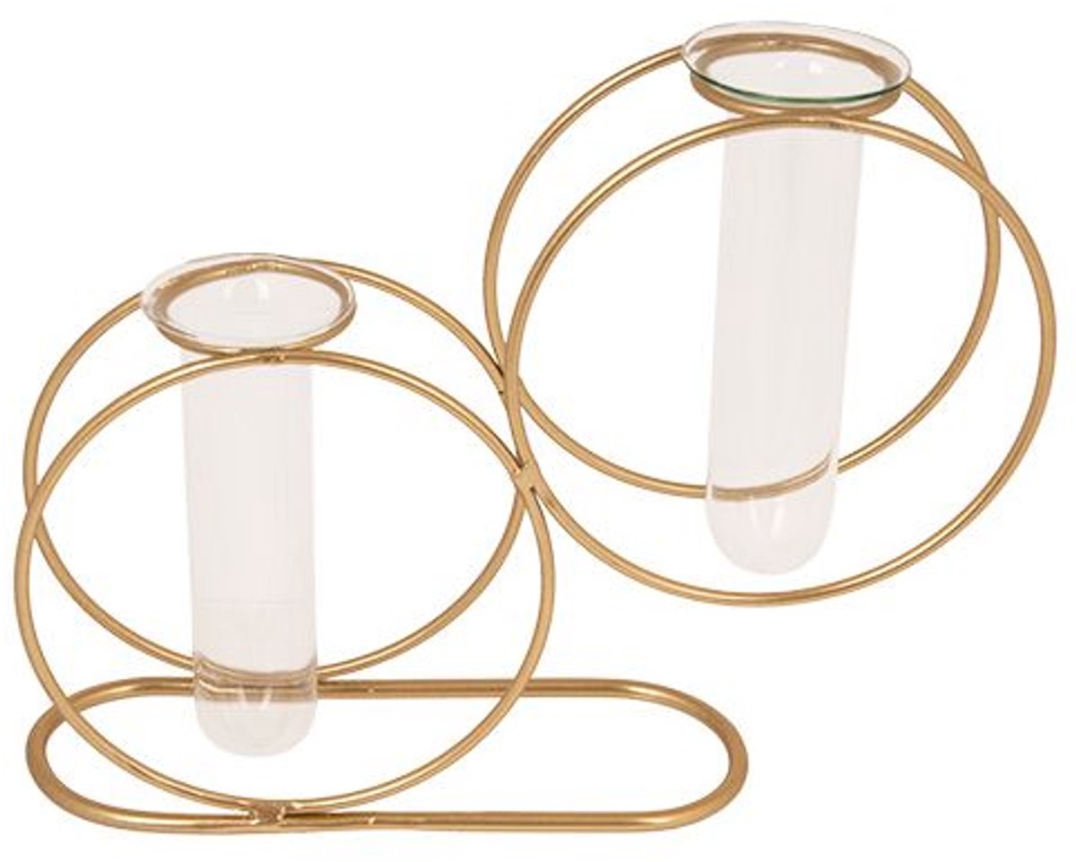Vaas 2 Circles Glass Tube 3,5x10cm Goud 19x5xh15cm Rond Metaal