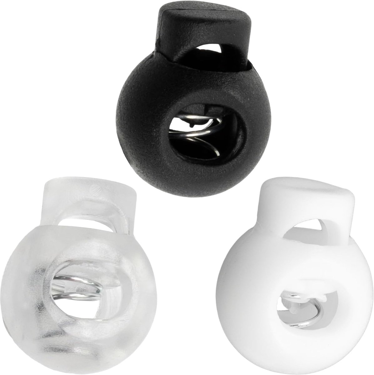 - Set van 12 ronde koordstoppers 15 mm met 1 gat en veer - kleur wit zwart transparant - van kunststof - hobby's anorak kleding