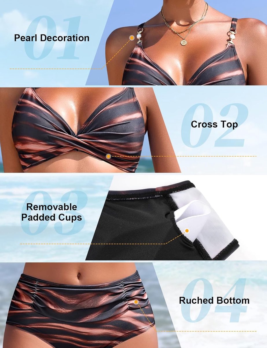 Badpak voor dames, sexy, hoge taille, tweedelig, met parels, V-hals, push-up bikini, gewatteerd, elegante beachwear, badmode voor strand en zwembad