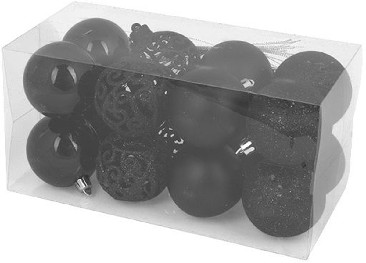 Kerstbal Set16 Mix Zwart D6cm Kunststof