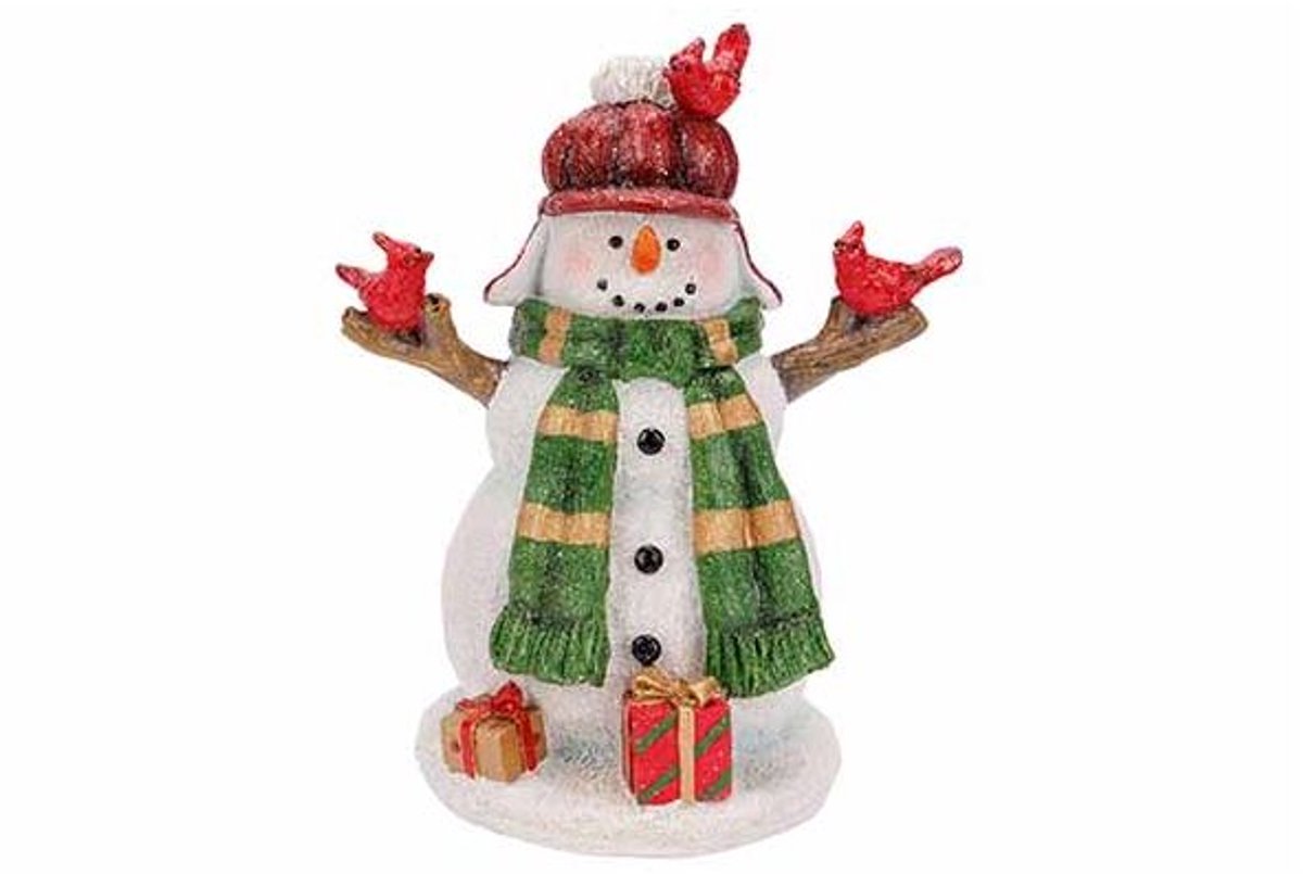Sneeuwman With Birds Rood Wit 18x13xh21c M Polyresin