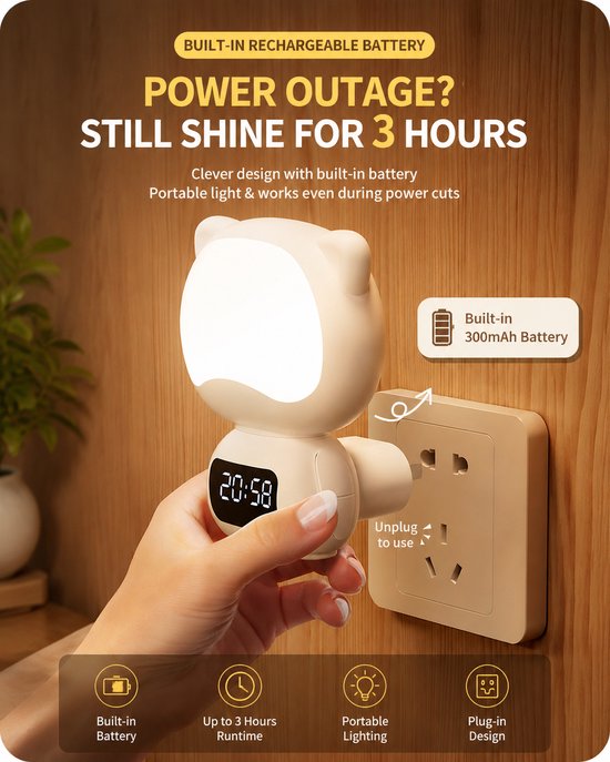 Katten Nachtlamp met Digitale Klok - LED Wandlamp met Afstandsbediening, 3 Lichtkleuren, Dimbaar, 300° Draaibaar, Timerfunctie & Oplaadbare Batterij - Slaapkamerlamp voor Kinderen en Volwassenen — afbeelding 3