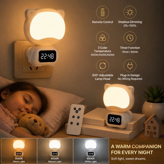 Katten Nachtlamp met Digitale Klok - LED Wandlamp met Afstandsbediening, 3 Lichtkleuren, Dimbaar, 300° Draaibaar, Timerfunctie & Oplaadbare Batterij - Slaapkamerlamp voor Kinderen en Volwassenen — afbeelding 2