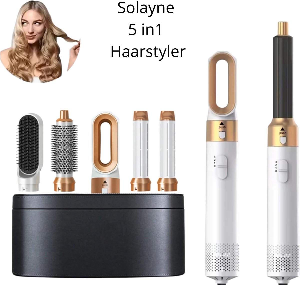 Solayne Fohn - 5in1 Stijling set - Airstyler - Airwrap - Multistyler - Stijltang - Nat & Droog haar - Alle haartypes - Wit/Goud
