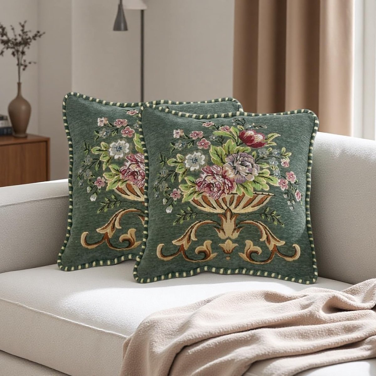 2-delige groene decoratieve kussenhoezen met enkelzijdige print (kusseninzet niet inbegrepen) - 48 x 48 cm - Machinewasbaar - Bloemenpatroon - Geschikt voor banken of woonkamers, en ook te gebruiken op bedden, stoelen of in de auto