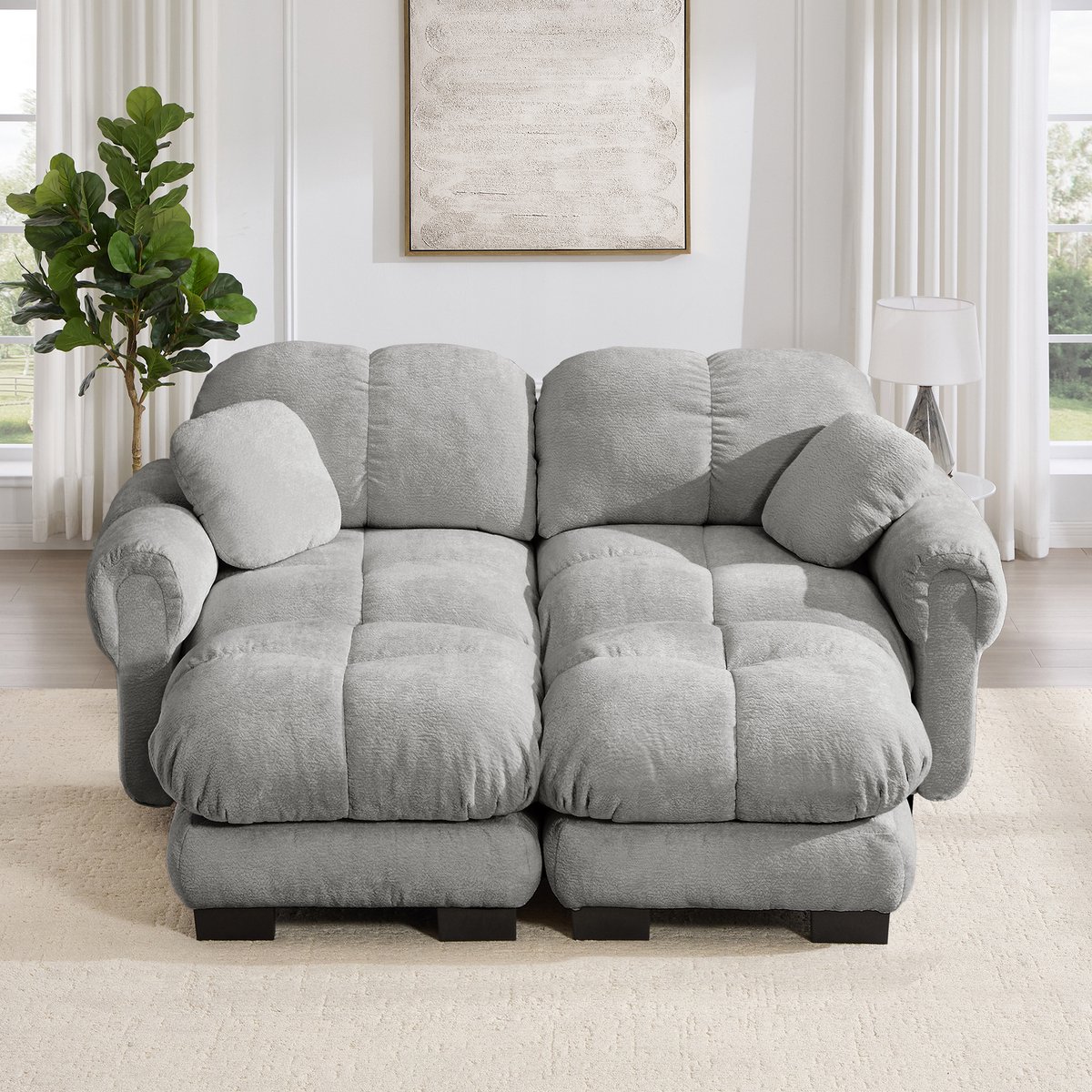 Intebiki 2-zits Hoekbank - Chenille stof - fauteuil - Modulaire U-vormige bank - Geen montage nodig - inclusief 2 poef - lichtgrijs