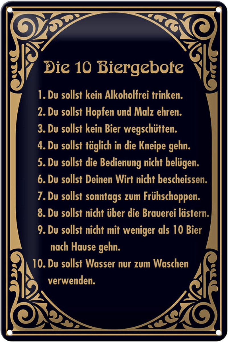 Blechschild Alkohol 20x30cm 10 Biergebote Bier Schild
