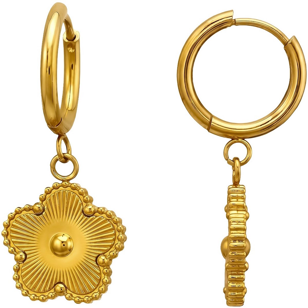 Joy Ibiza - bloem oorbellen - bloem bedel oorringen - 15 mm met klap scharnier sluiting - diamond cut met dots randje - chirurgisch staal - ear party boho - bohemian style - ip/pvd goldplated t58