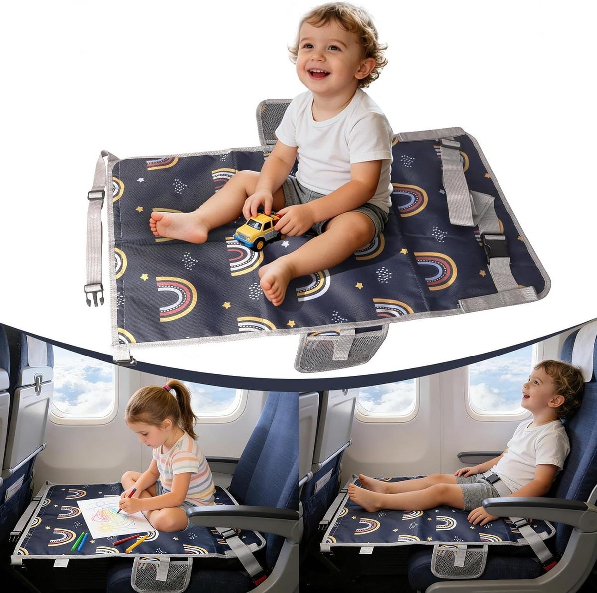 Zitverlenging Kinderen - Vliegtuig Bed - Comfortabel Reizen - Eenvoudige Installatie - 76 x 44.5 cm - Regenboog