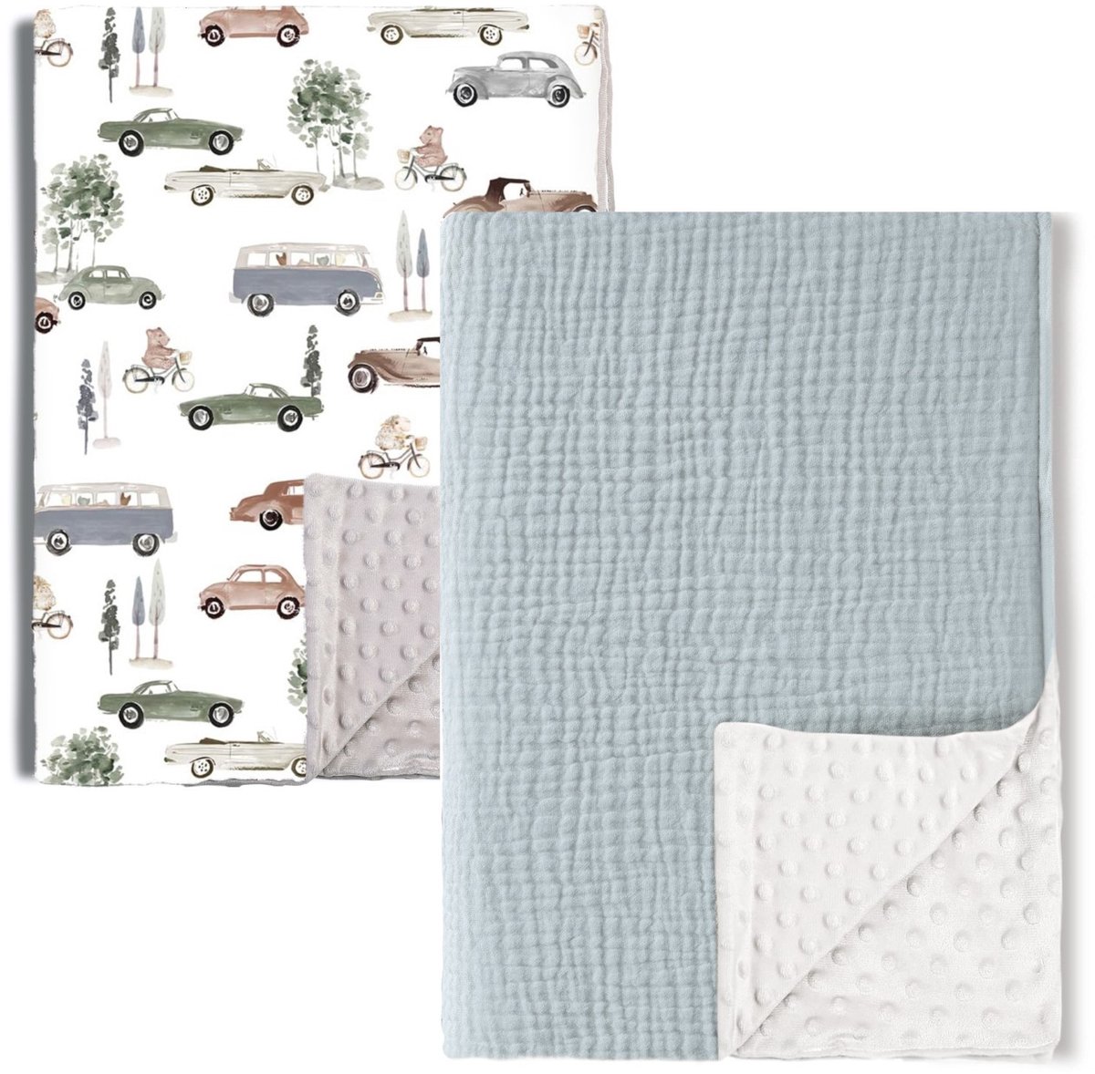 2-delige babydekenset van katoen, 75*100 cm, pasgeboren deken, 100% puur katoen en fleece, multifunctioneel dubbelzijdig babydoopcadeau, geschikt voor kinderwagens, als troostdeken of als inbakerdeken,Set 8