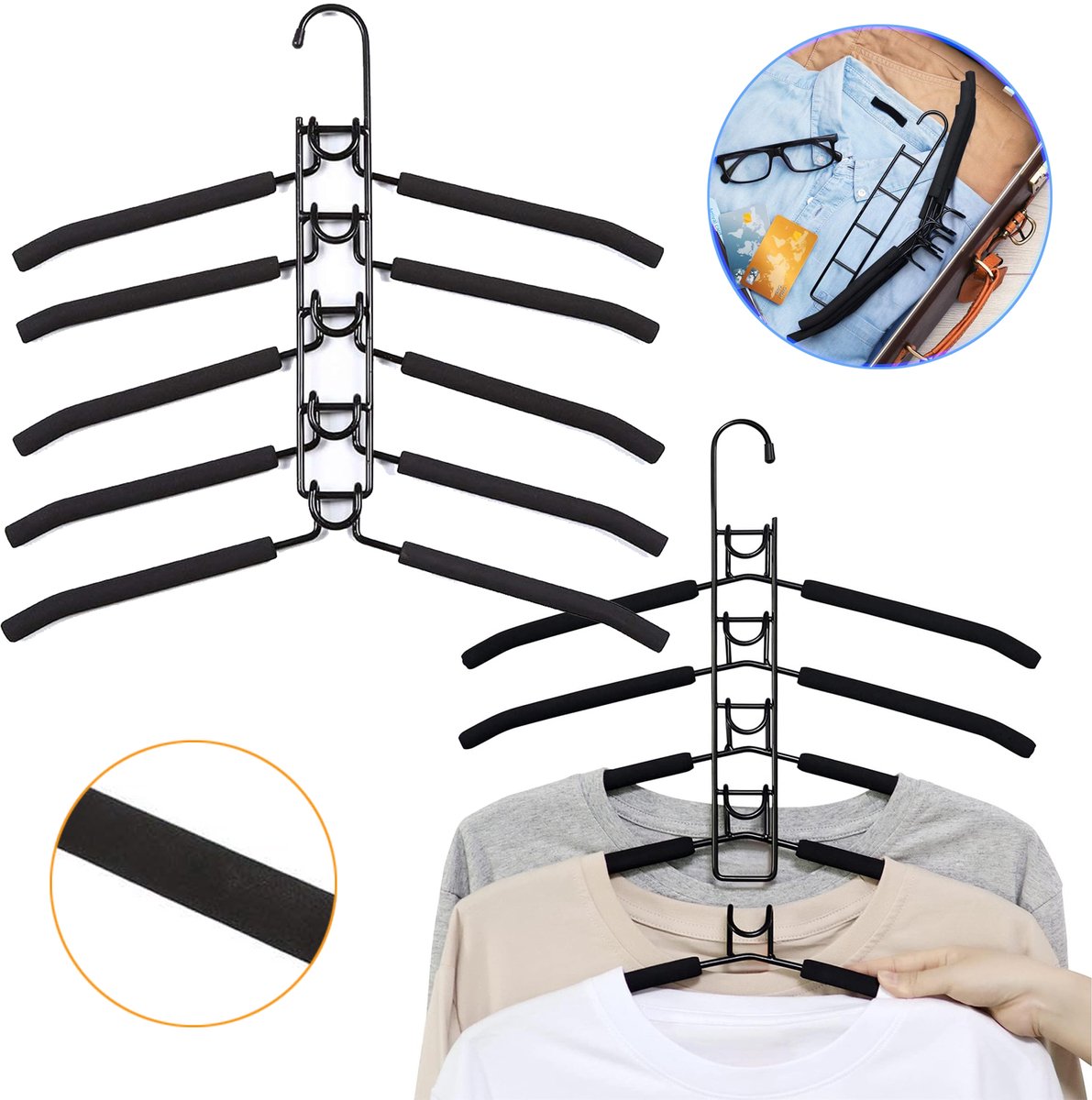 2 Stuks Ruimtebesparende Kledinghangers - 5-In-1 Kledinghangers - Compacte Kledingopbergruimte - Antislip