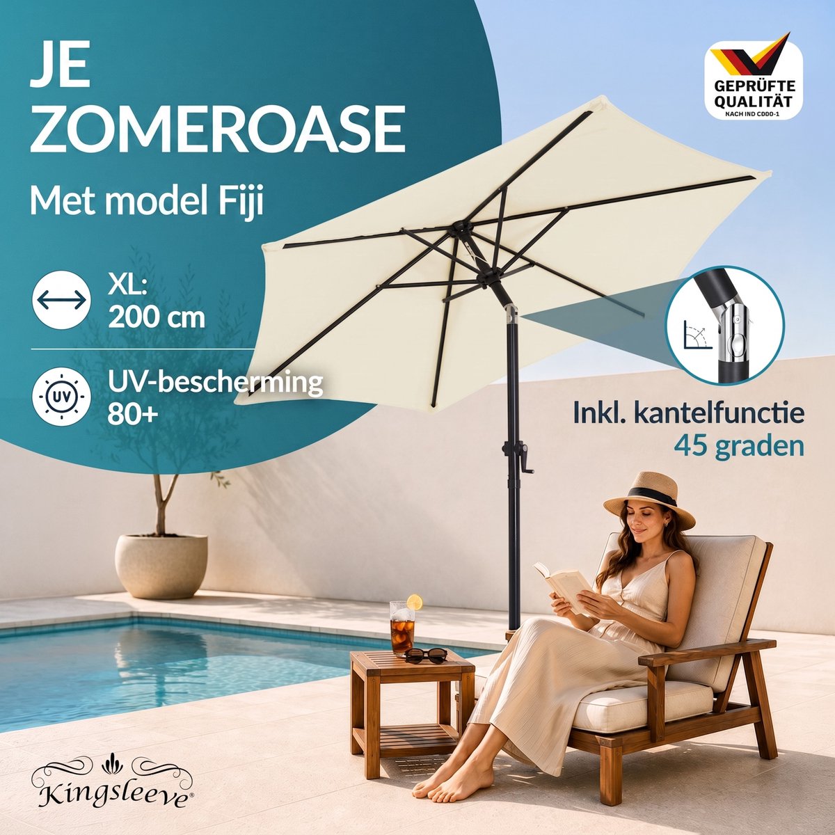 Kingsleeve Parasol 200cm - met Zwengel en Kantelmechanisme - Beige – foto 6