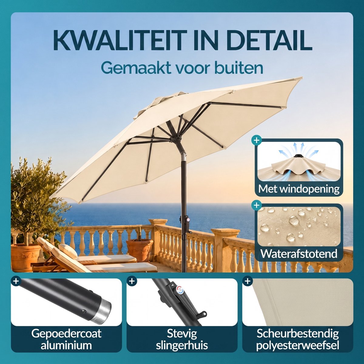 Kingsleeve Parasol 200cm - met Zwengel en Kantelmechanisme - Beige – foto 2