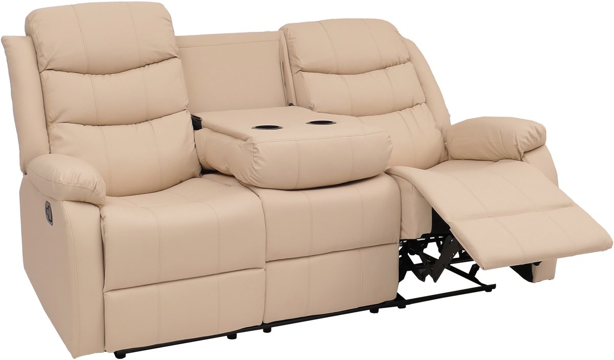 3-zits bioscoopstoel MCW-O62, relaxfauteuil televisiefauteuil met armleuning, bekerhouder, ligfunctie kunstleer ~ crème