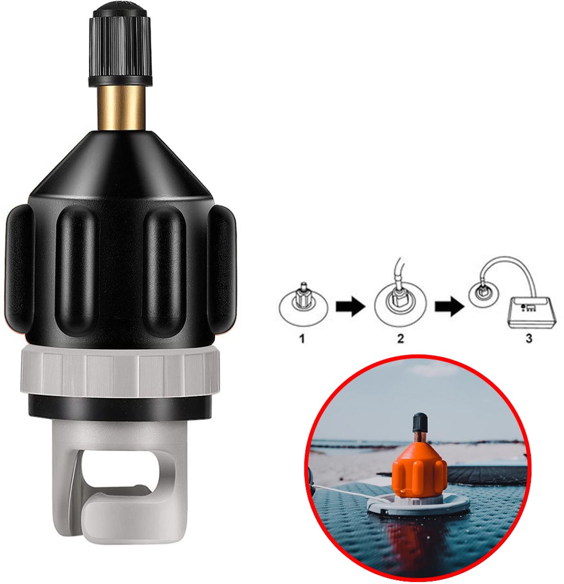Best Active SUP Ventiel Adapter - Luchtventiel Set - Ventieladapter - Compressor Pomp Connector - Watersport Accessoires - Pompadapter voor SUP Board, Kajak en Opblaasboot - Zwart