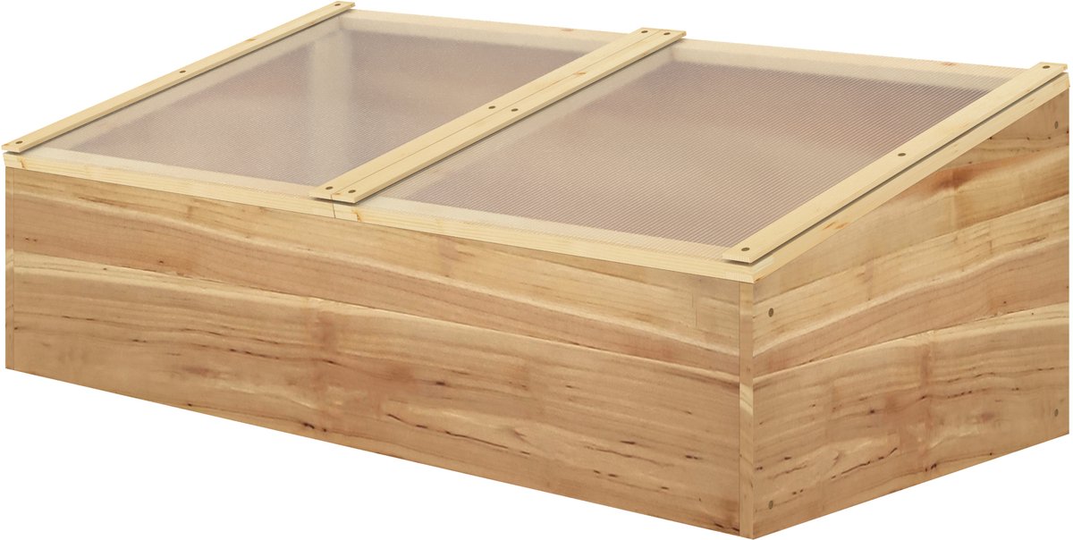 Kweekbloembed, broeikas, mini-broeikas, broeibedopzetstuk, opzetstuk voor tuin, terras en balkon, 100L x 50l x 36H cm; dubbel hellend dak dat afzonderlijk kan worden geopend; polycarbonaatplaten; voorbehandeld sparrenhout