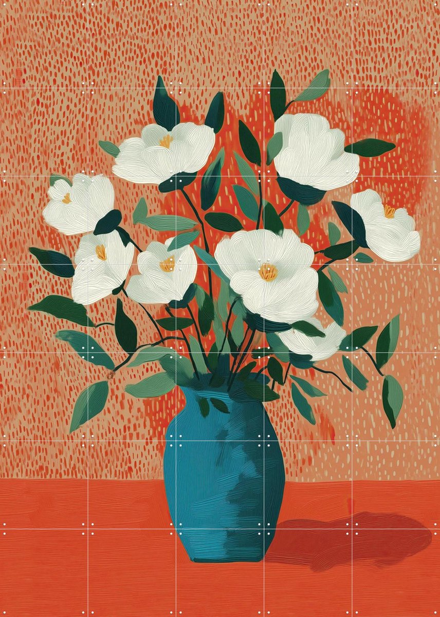 IXXI White Blossoms in Blue Vase, Branka Kodžoman - 100 x 140 cm - Gratis ophangtool - Grote wanddecoratie en posters - Kleurrijk, Kwaststreken