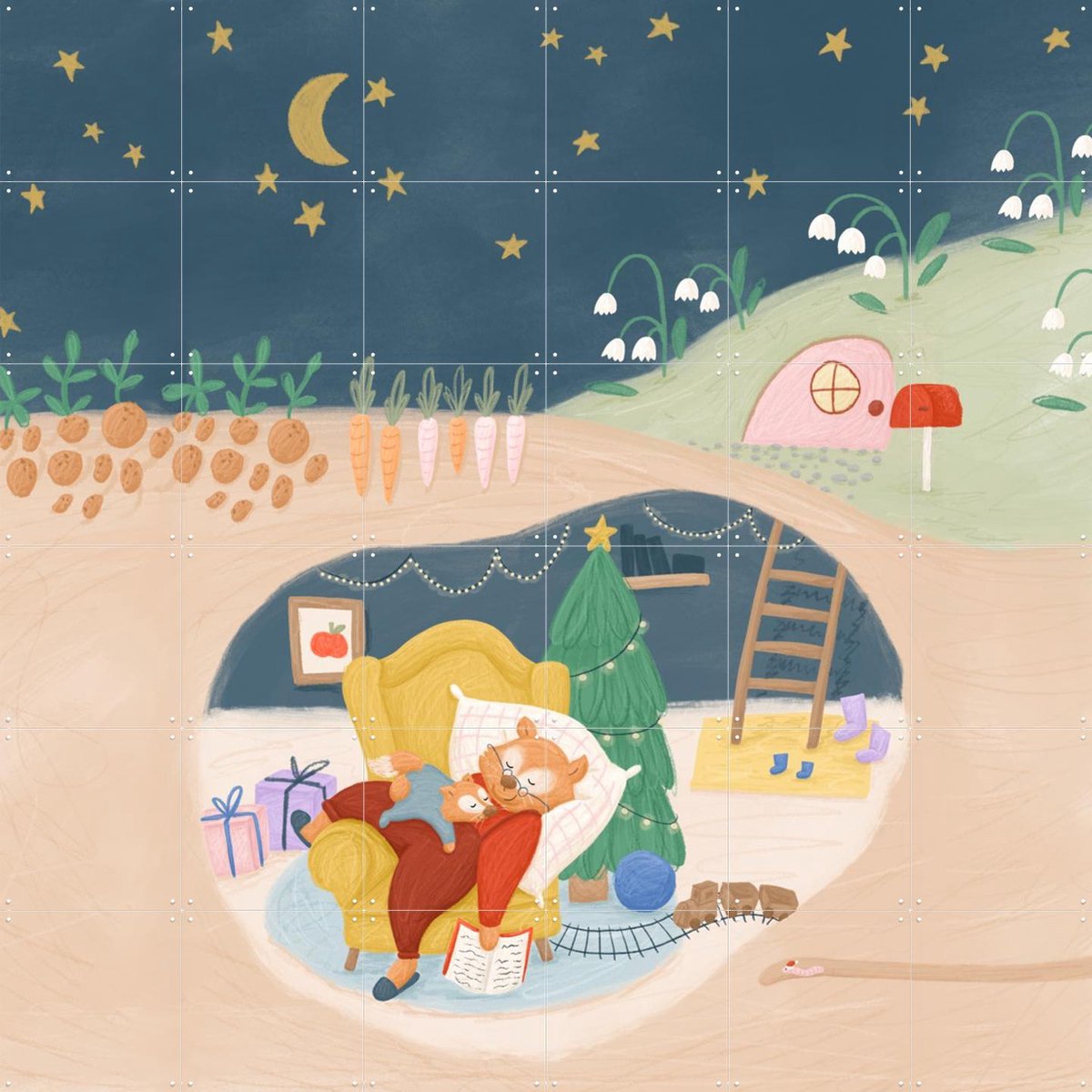IXXI Cozy Christmas, Studio Phie - 120 x 120 cm - Gratis ophangtool - Grote wanddecoratie en posters - Cartoonesk, Illustraties, Fantasierijk