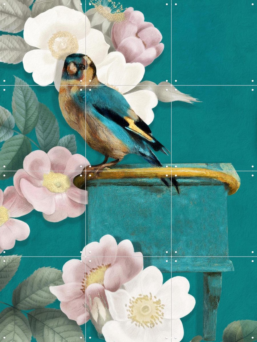 IXXI A Goldfinch On Teal, Marja van den Hurk - 60 x 80 cm - Gratis ophangtool - Grote wanddecoratie en posters - Naturalisme, Speels, Fantasierijk